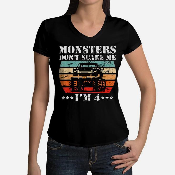 Cool Monster Truck Birthday Party 4 Year Old Boy Truck Gift Women V-Neck T-Shirt