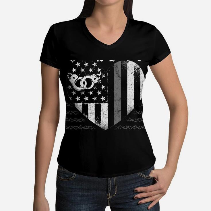 Correctional Officer Girlfriend Wife Heart American Flag Women V-Neck T-Shirt