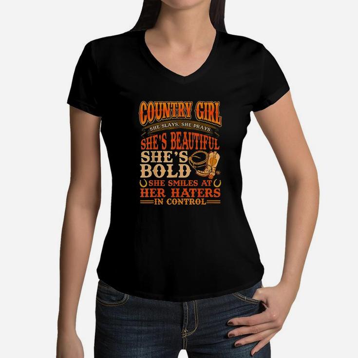 Country Girl She Is Beautiful She's Bold In Control Women V-Neck T-Shirt