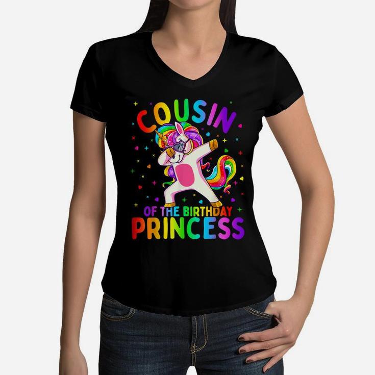 Cousin Of The Birthday Princess Girl Dabbing Unicorn Women V-Neck T-Shirt
