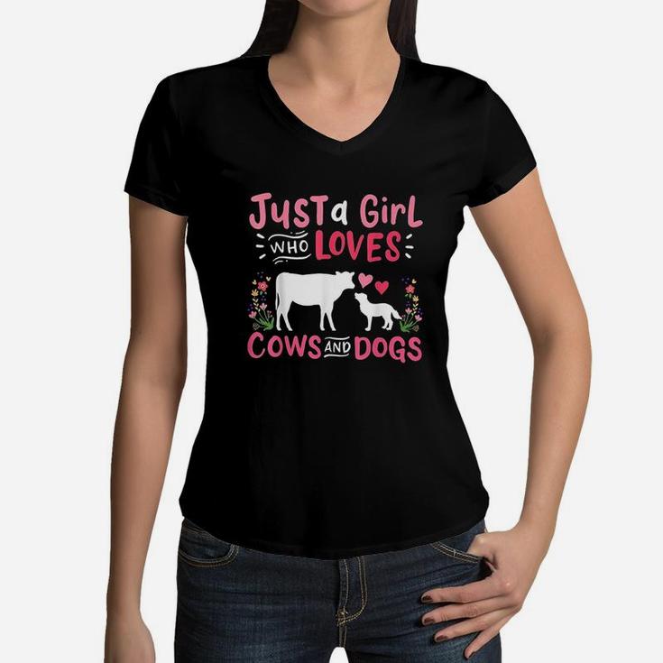 Cow Lover Gift Just A Girl Who Loves Cows And Dogs Farmer Women V-Neck T-Shirt