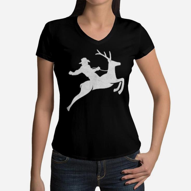 Cowboy Riding A Deer Distressed Women V-Neck T-Shirt