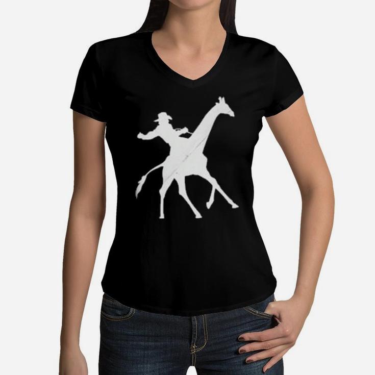 Cowboy Riding A Giraffe Distressed Women V-Neck T-Shirt