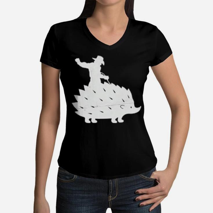 Cowboy Riding A Hedgehog Distressed Women V-Neck T-Shirt