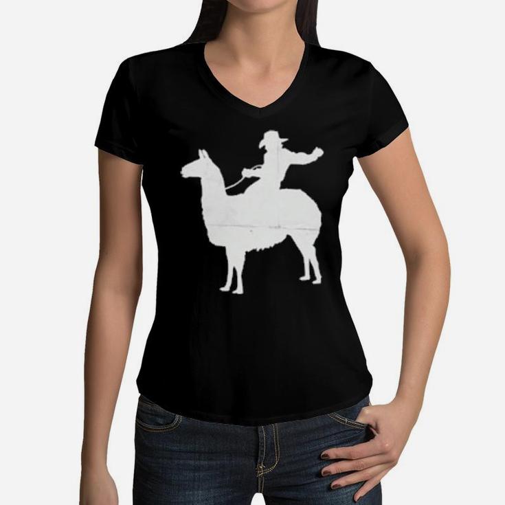 Cowboy Riding A Llama Distressed Women V-Neck T-Shirt