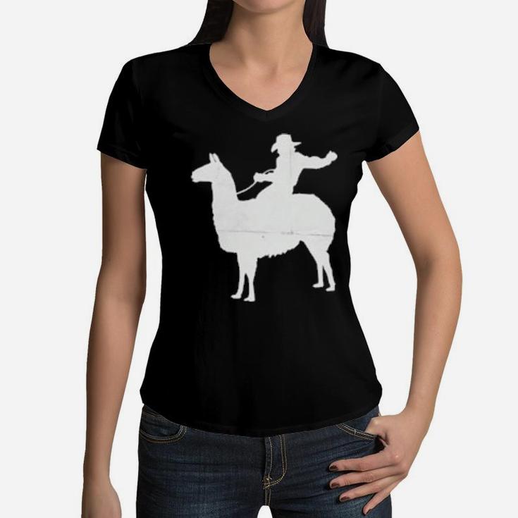 Cowboy Riding A Llama Distressed Women V-Neck T-Shirt