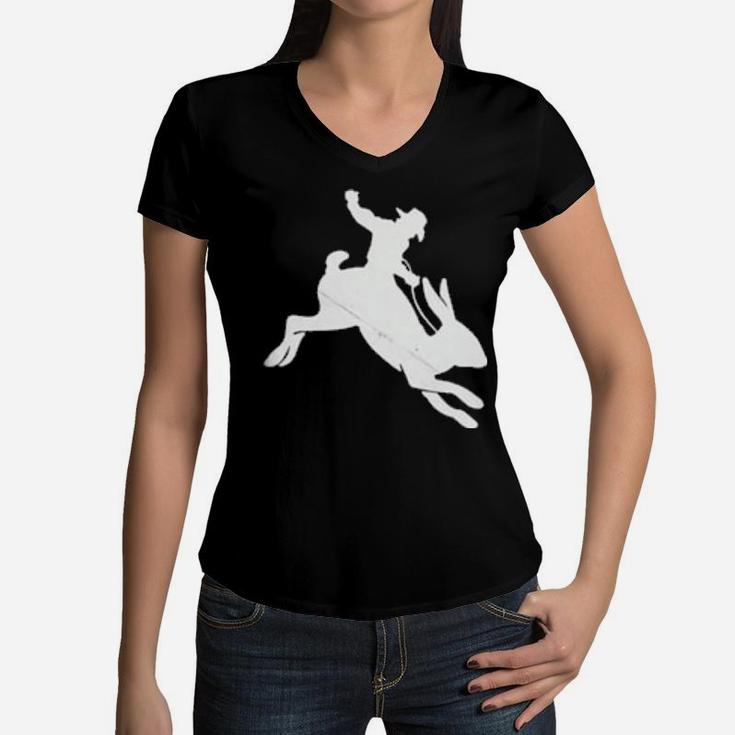 Cowboy Riding A Rabbit Distressed Women V-Neck T-Shirt