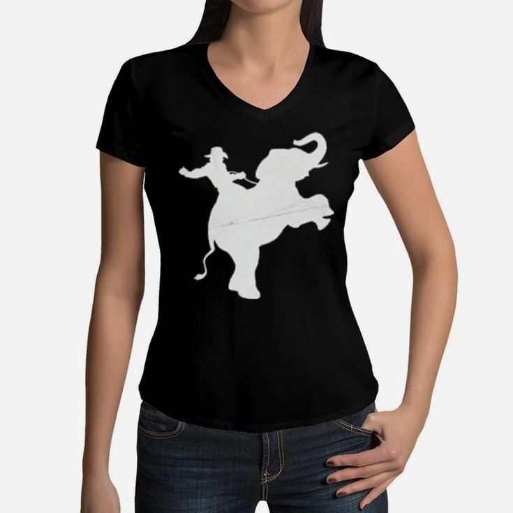 Cowboy Riding An Elephant Distressed Women V-Neck T-Shirt