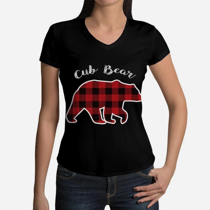 Cub Bear | Kids Red Plaid Christmas Pajama Family Gift Women V-Neck T-Shirt