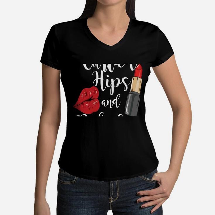 Curved Hips And Red Lips For Curvy Strong Women And Girl Women V-Neck T-Shirt