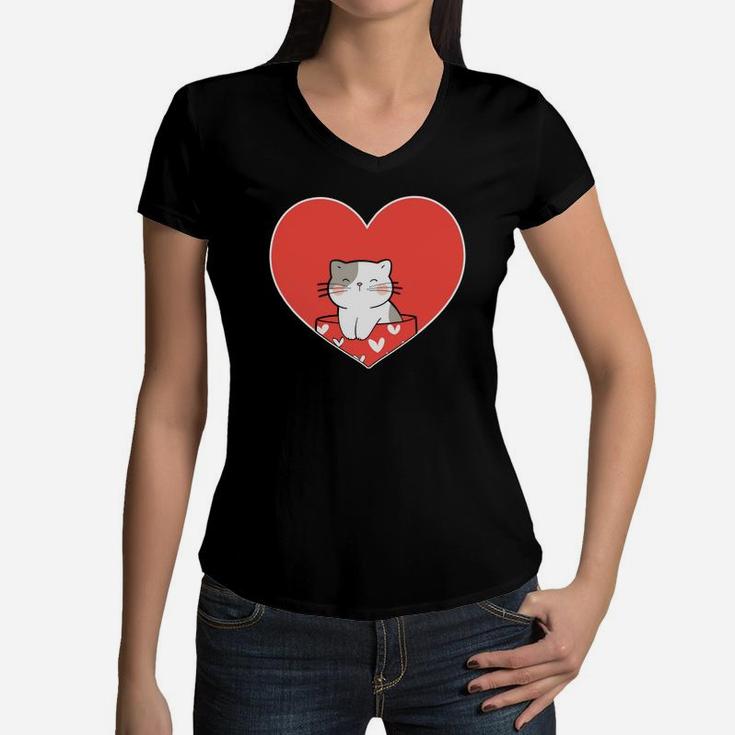 Cute Cat Love Heart Valentines Day Gift Happy Valentines Day Women V-Neck T-Shirt