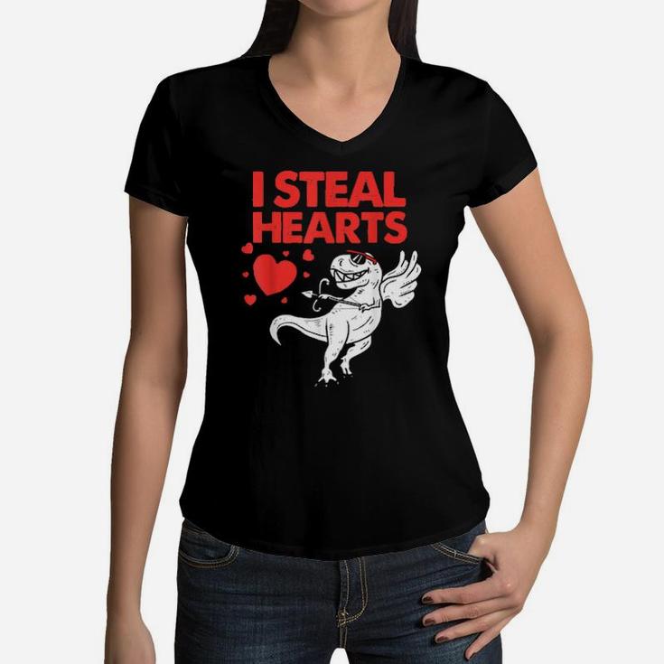 Cute Cupid Trex Dinosaur Boys Valentines Day I Steal Hearts Women V-Neck T-Shirt