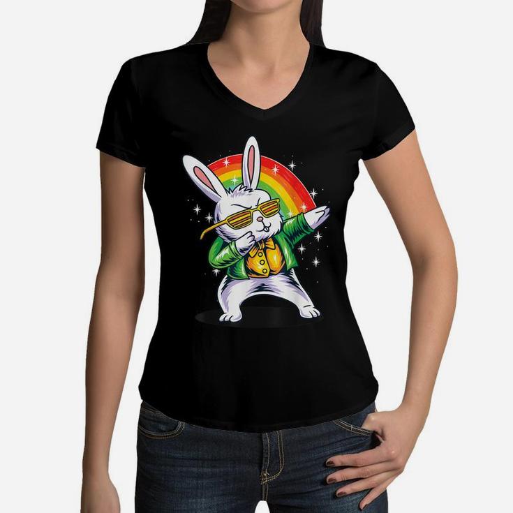 Cute Easter Bunny Dabbing Design For Boys & Girls Women V-Neck T-Shirt