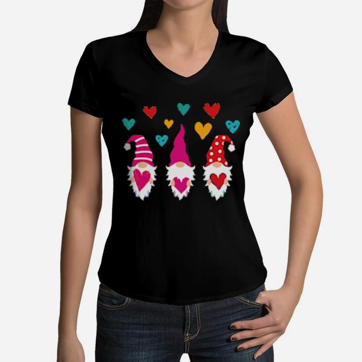 Cute Gnomes Holding Hearts Valentines Day Boys Girls Women V-Neck T-Shirt