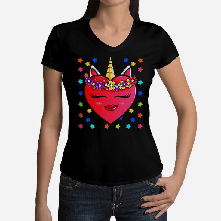 Cute Heart Unicorn Face Valentine's Day For Girls Women V-Neck T-Shirt