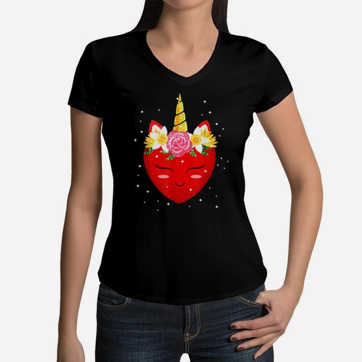 Cute Heart Unicorn Face Valentines Day Girls Women V-Neck T-Shirt
