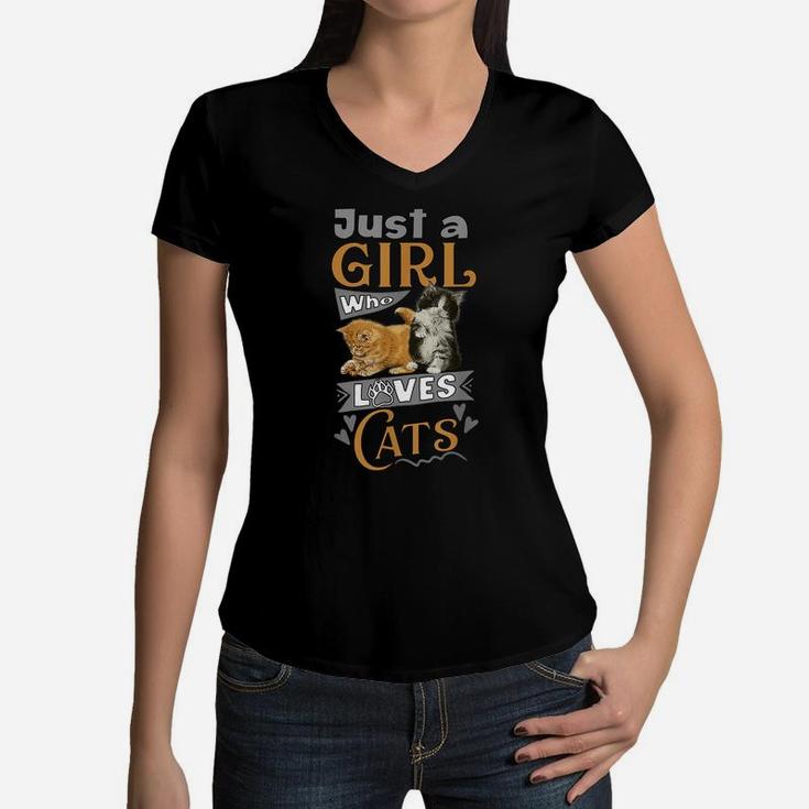 Cute Just A Girl Who Loves Cats Girls Kids Women Cat Lovers Women V-Neck T-Shirt