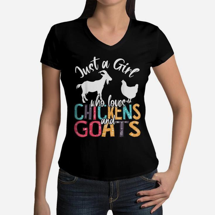 Cute Just A Girl Who Loves Chickens Goats Farmer Girls Gift Women V-Neck T-Shirt