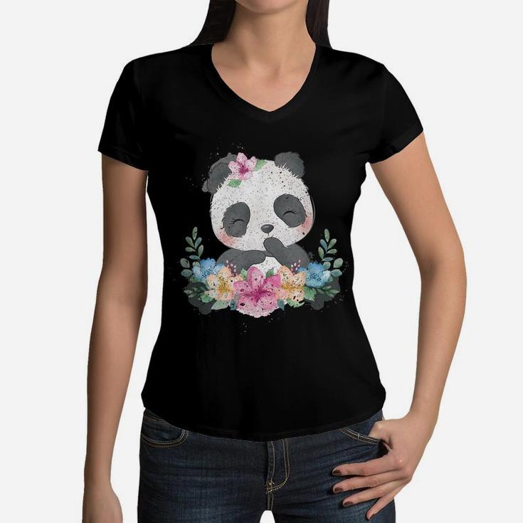 Cute Panda Bear Kids Girls Gift Flower Panda Women V-Neck T-Shirt