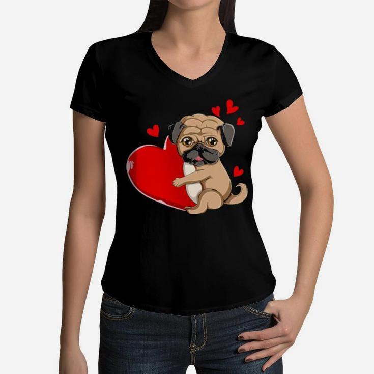 Cute Pug Valentines Day Holding Heart My Valentine Girl Women V-Neck T-Shirt