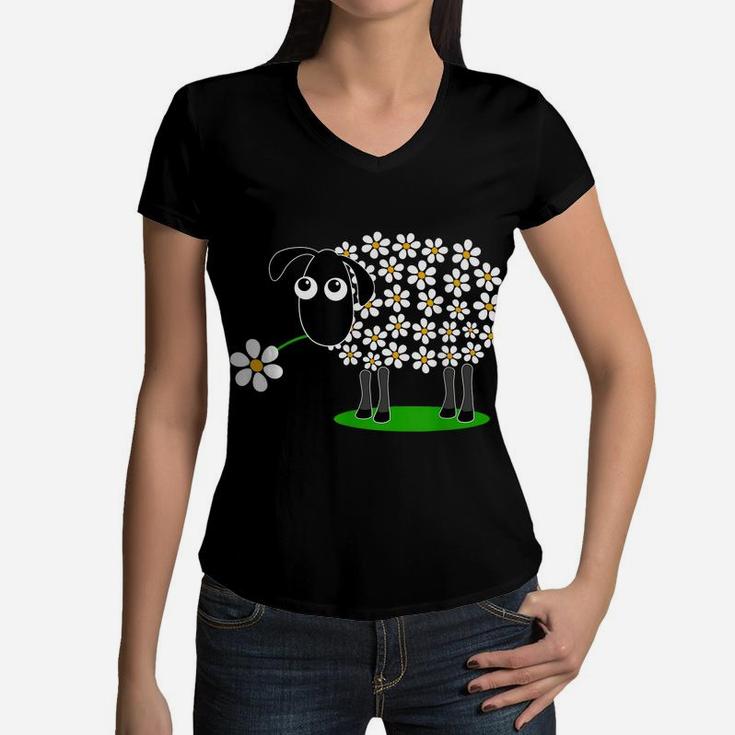 Cute Sheep With Flower Wool  Gift For Girls Women Tee Women V-Neck T-Shirt