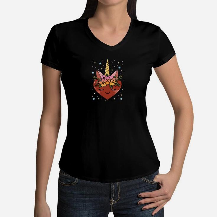 Cute Valentine's Day For Her Girlfriend Unicorn Heart Women V-Neck T-Shirt