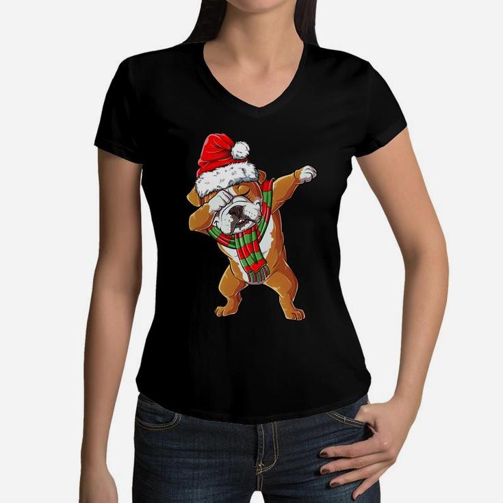 Dabbing English Bulldog Santa Christmas Gifts Kids Boys Xmas Sweatshirt Women V-Neck T-Shirt