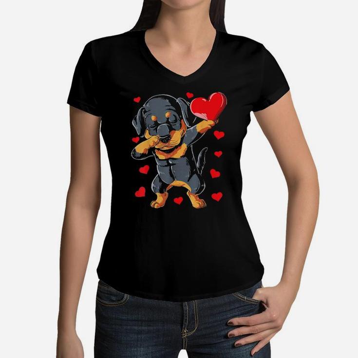 Dabbing Rottweiler Valentines Day  Dog Lover Heart Boys Women V-Neck T-Shirt