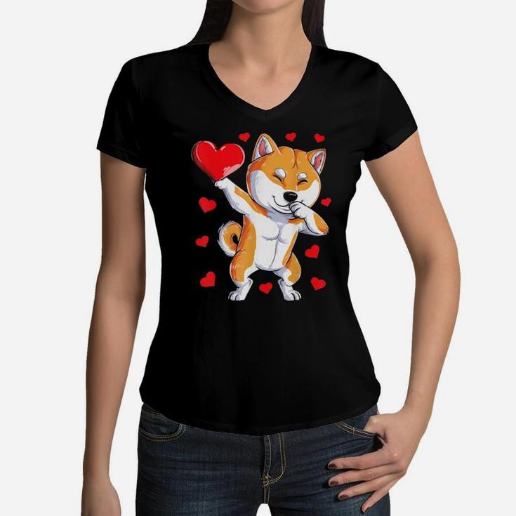Dabbing Shiba Inu Valentines Day Shirt Dog Lover Heart Boys Women V-Neck T-Shirt