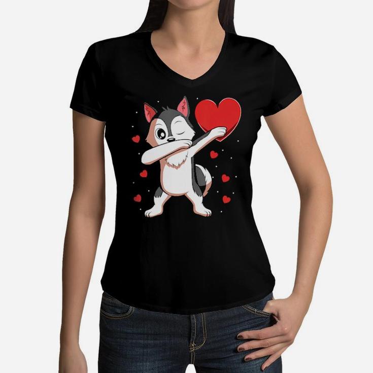 Dabbing Siberian Husky Heart Valentines Day Gift Boys Girls Women V-Neck T-Shirt
