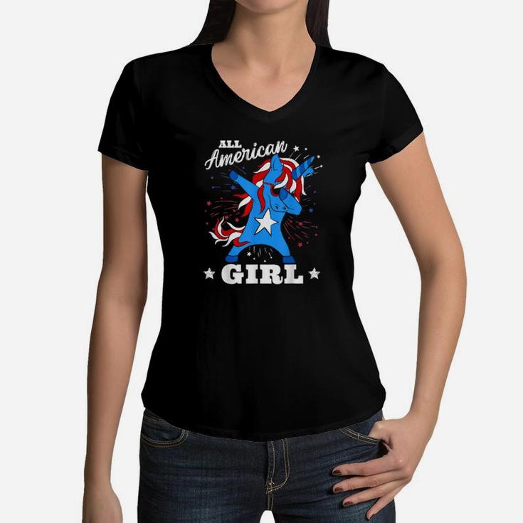 Dabbing Unicorn 4Th Of July Girls Patriotic American Women V-Neck T-Shirt