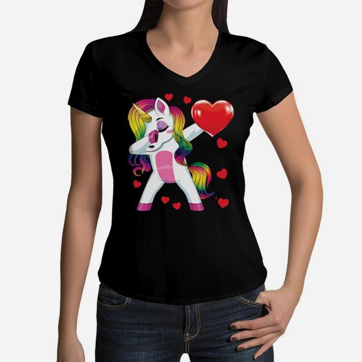 Dabbing Unicorn Heart Valentines Day Girls Women V-Neck T-Shirt