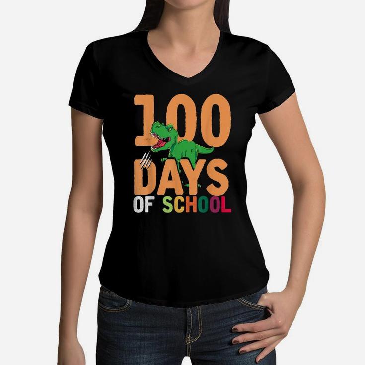 Dino Boys Girls Kids 100Th Day T Rex 100 Days Of School Women V-Neck T-Shirt