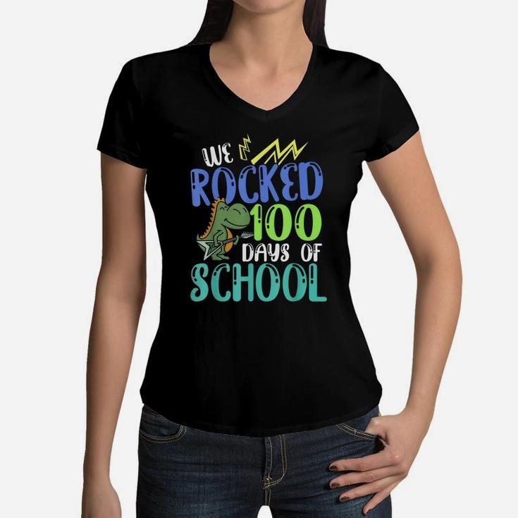 Dinosaur Student Boys Kids Gift T Rex 100 Days Of School Women V-Neck T-Shirt