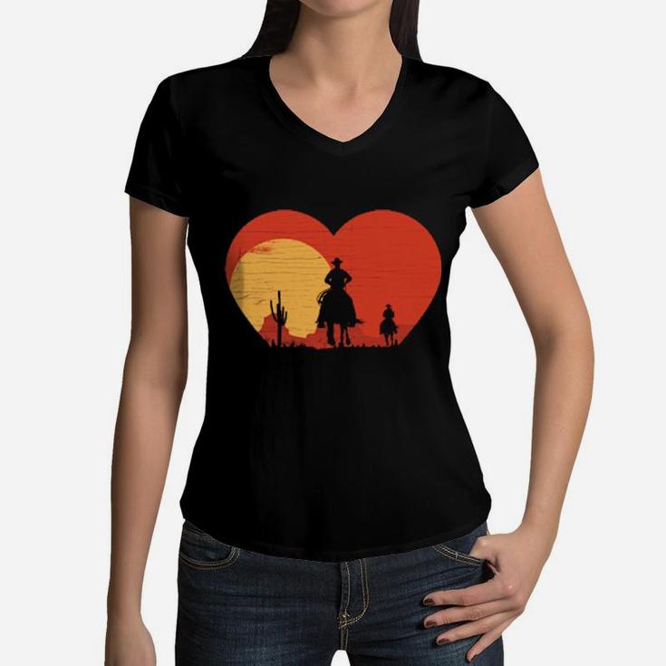 Distressed Heart Shape Cowboy Riding Horse Sunset Mountains Women V-Neck T-Shirt
