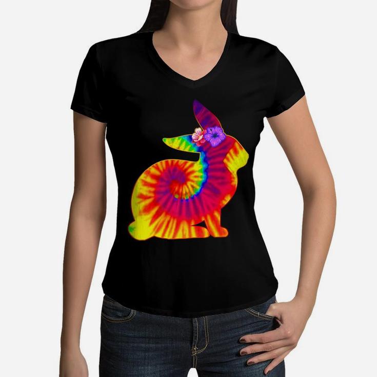 Easter Hippie Bunny Rabbit Tie Dye Print Top For Girls Women Women V-Neck T-Shirt