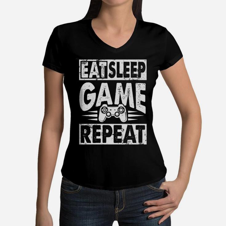 Eat Sleep Game Repeat Christmas Gifts For Boy Girl Gamer Tee Women V-Neck T-Shirt
