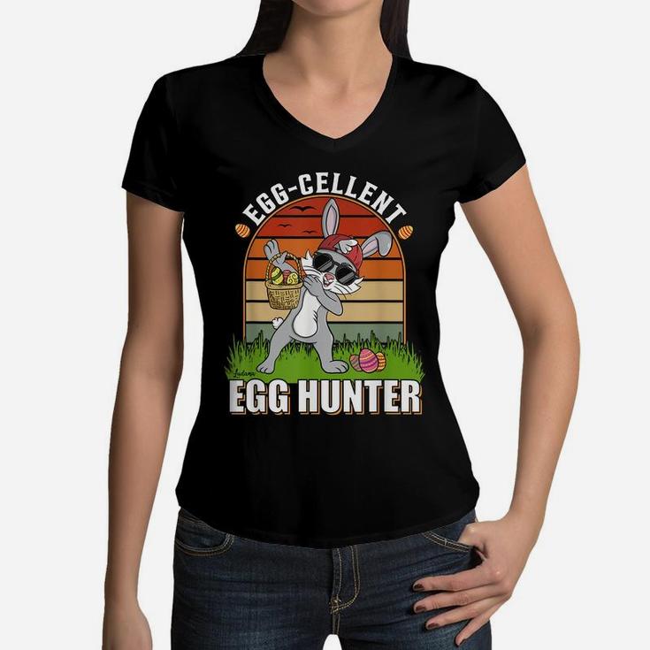 Egg Hunter Dabbing Rabbit Easter Day Eggs Dab Boys Girls Kid Women V-Neck T-Shirt
