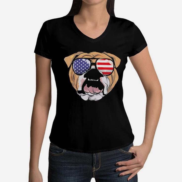 English Bulldog American Sunglass 4Th Of July Usa Boys Men Women V-Neck T-Shirt