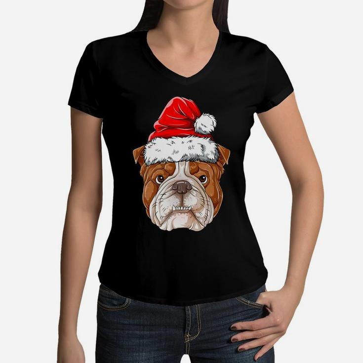 English Bulldog Christmas Dog Santa Hat Xmas Boys Kids Girls Women V-Neck T-Shirt