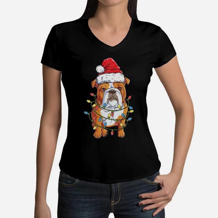 English Bulldog Santa Christmas Tree Lights Xmas Gifts Boys Sweatshirt Women V-Neck T-Shirt