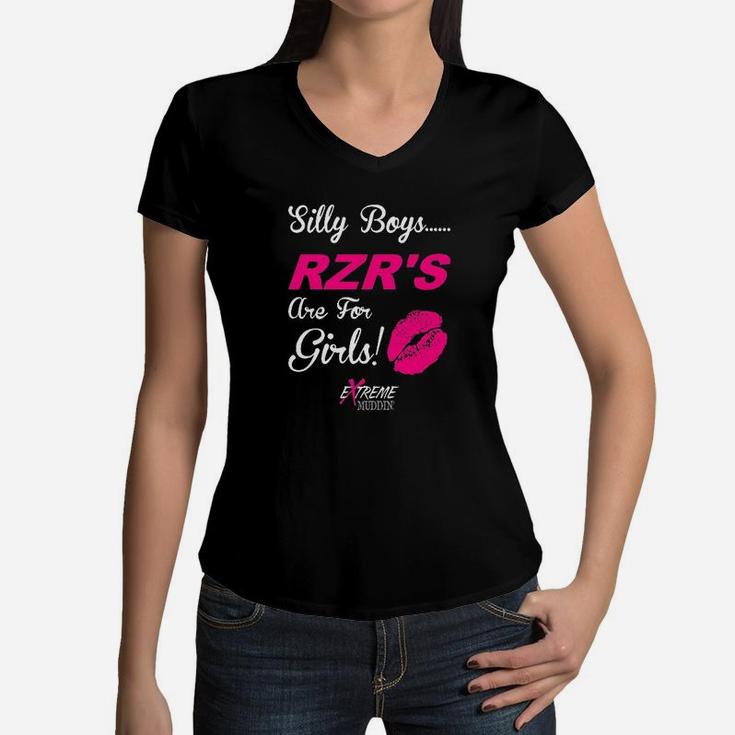 Extreme Muddin Silly Boys Rzrs Are For Girls On A Black Women V-Neck T-Shirt