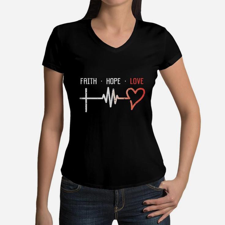Faith Hope Love Cross Heartbeat God Jesus Christian Gift Women V-Neck T-Shirt