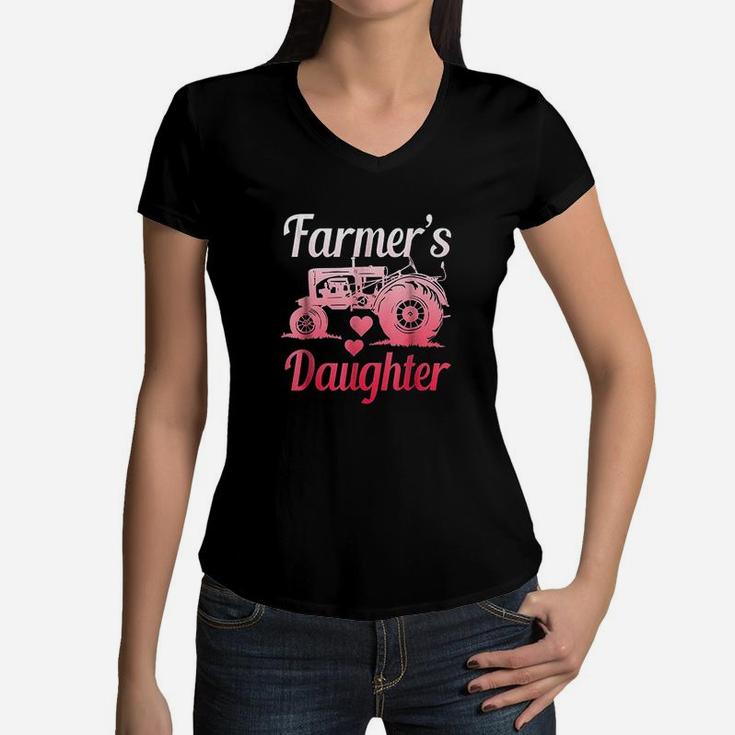 Farmers Daughter Farm Girl Tractor Lover Women V-Neck T-Shirt