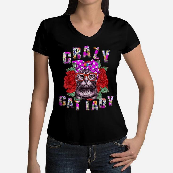 Flower Crazy Cat Lady Gift For Women Girls Vintage Red Roses Women V-Neck T-Shirt