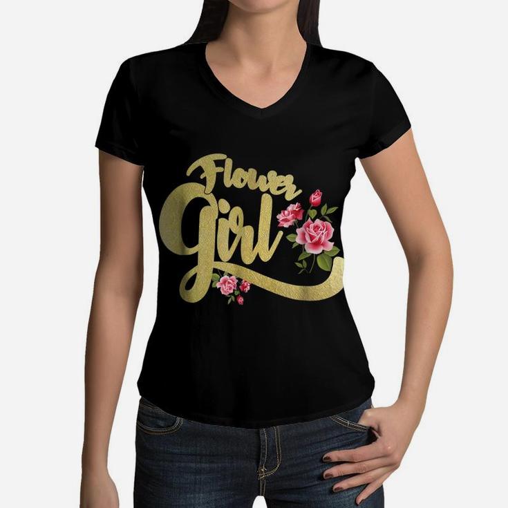Flower Girl , Bride Groom Wedding Party Gift Women V-Neck T-Shirt