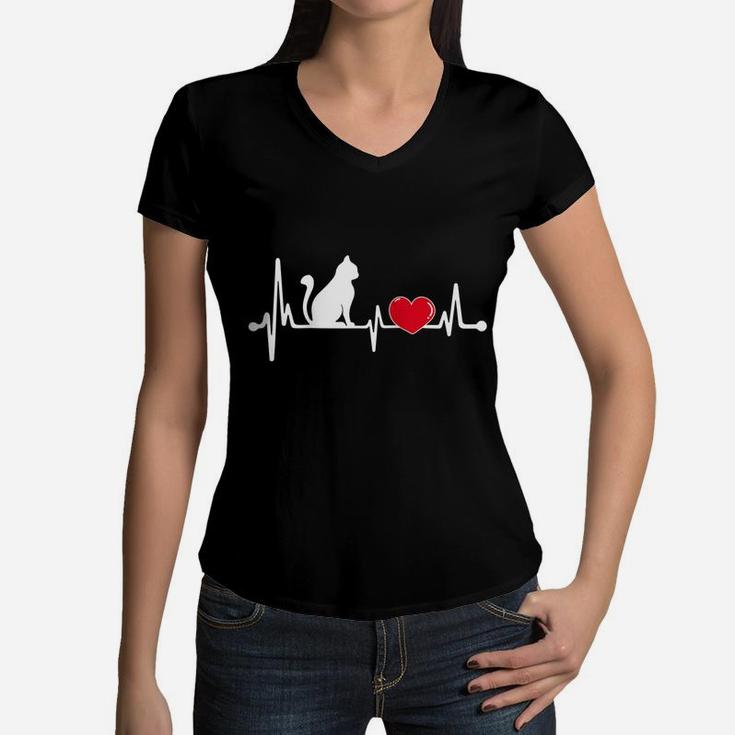 Funny Cat Heartbeat - Cat Lovers Gifts For Men Women - Girls Raglan Baseball Tee Women V-Neck T-Shirt
