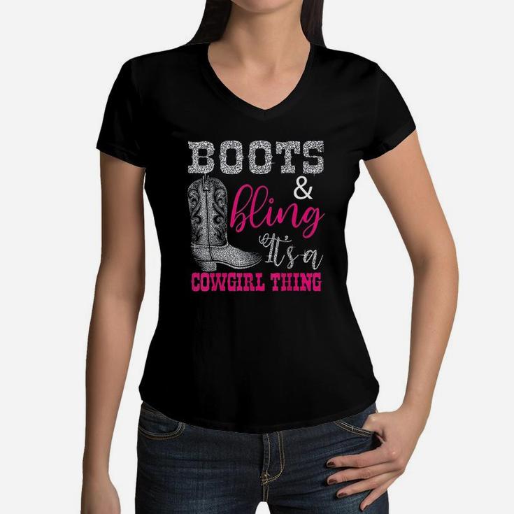 Funny Cowgirl Boots Bling Women Gift Cute Love Country Life Women V-Neck T-Shirt