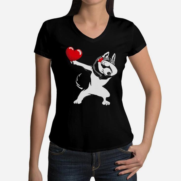 Funny Dabbing Husky  Valentine's Day Gift Boys Girls Women V-Neck T-Shirt