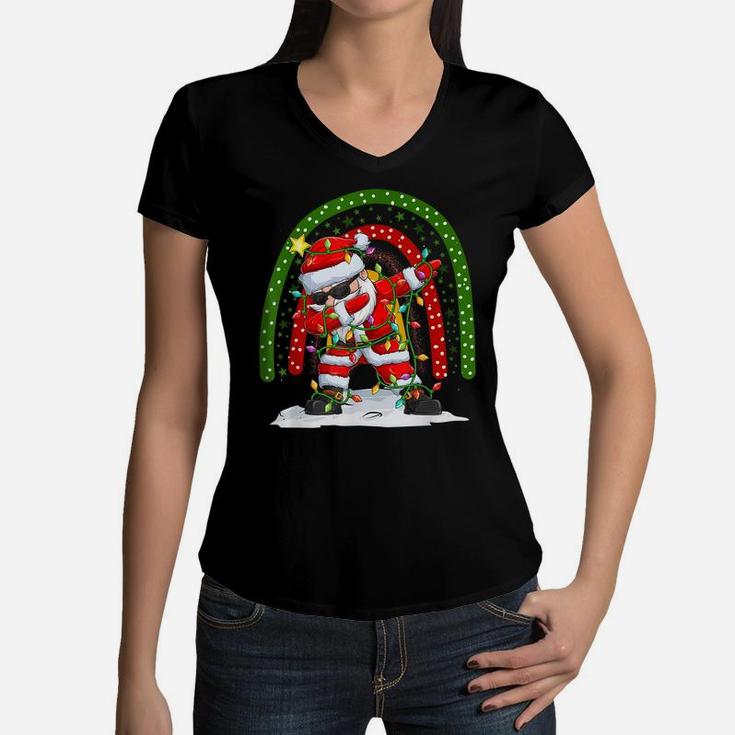 Funny Dabbing Santa Christmas Boho Rainbow Kid Boy Girl Women V-Neck T-Shirt